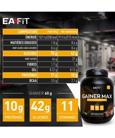 EAFIT | Max Gainer | For Muscle Gaining And Caloric Intake | 10g Protein + 42g Carbohydrates + 11 Vitamins Per Shaker | Double Chocolate 1.1 kg - Buy Online on GoSupps.com