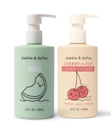 Dabble & Dollop Shampoo & Conditioner - 3 in 1 Natural Bubble Bath & Body Wash for Kids USA-made Paraben & Sulfate Free Vegan Gluten-Free Tear-Free Honeydew Melon & Cherry (Set of 2) Honeydew + Cherry