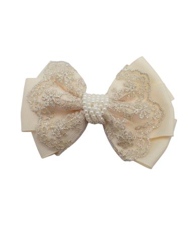 Topkids Accessories Handmade Hair Bow Vintage Luxury Beautiful Clip In Hand-Made Hair Bows Stylish Girls Women's Kids Children's Hand-Made Boutique Designs (Grosgrain w/Lace & Pearls) Grosgrain w/ Lace & Pearls