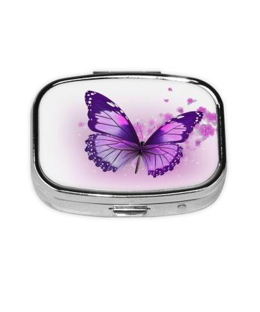 Purple Butterfly Printing 2 Compartment Small Pill Case Cute Small Pill Box Purse Pill Boxs Travel Pill Organizer for Pocket Purse and Travel Gifts