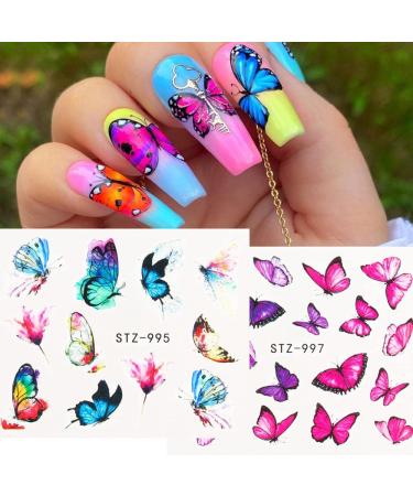 Spring Summer Butterfly Nail Stickers Water Transfer Decals - Pink Purple Exquisite Design (12 Sheets) - Buy Online on GoSupps.com