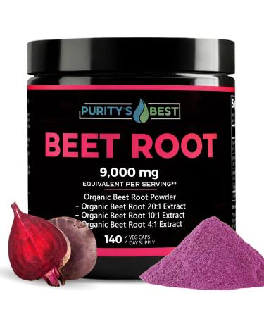 Purity's Best Beet Root Powder 9 000 mg 140 Veggie Pills Beet Root Capsules | Supports Blood Circulation - Helps Nitric Oxide Production Beet Root Extract Pure Non-GMO Made in USA