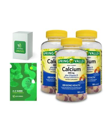 Calcium Plus Vitamin D Adult Gummies 500 mcg 1000 IU Assorted Flavors 100 Ct (3 Pack) Bundle with Exclusive Vitamins & Minerals - A to Z - Better Ligth&Spring Guide (4 Items)