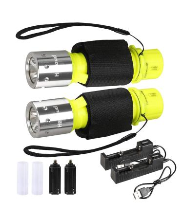 HECLOUD Diving Flashlight with Rechargeable Power Scuba Dive Light IPX8 Waterproof Underwater 80ft Snorkeling Diving LED High Lumens Torch 3 Modes with Charger for Underwater Sports(2Pack)