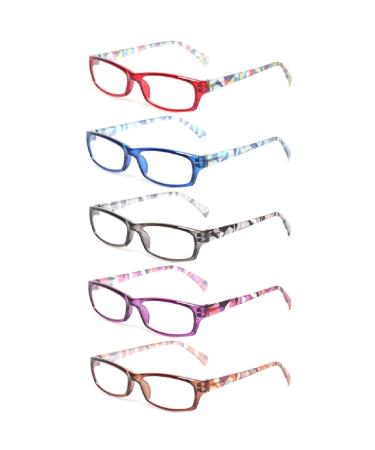 Reading Glasses 5 Pairs Fashion Ladies Readers Spring Hinge with Pattern Print Eyeglasses for Women Mix Color 2.0 x