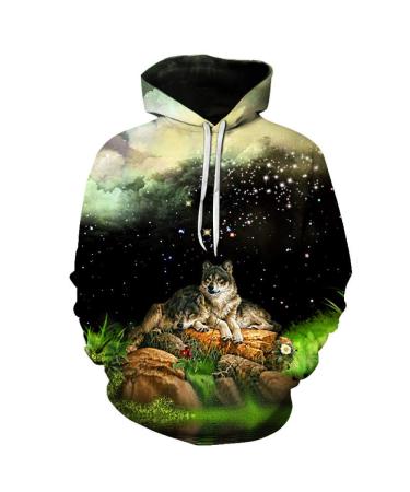 Bigfanshu Women's Hoodie Bright Wolf Print Hoodies Sweatshirts Men Unisex Hooded Pullovers Animal 3D Tops Brown XX-Large