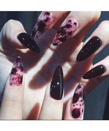Cosydays Stiletto Punk Witches Press on Nails Black and Red Flame Marble Full Cover False Nails Glossy Fake Nail for Women and Girls (24 PCS) (A-Black and Red)