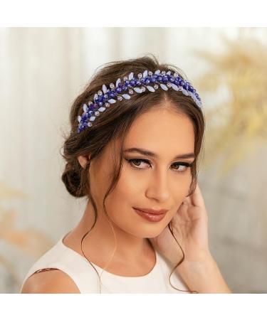 IYOU Bridal Wedding Headbands Royal Blue Crystal Hair Bands Sparkly Rhinesotne Guest Birde Bridesmaid Hair Accessories for Women and Girls