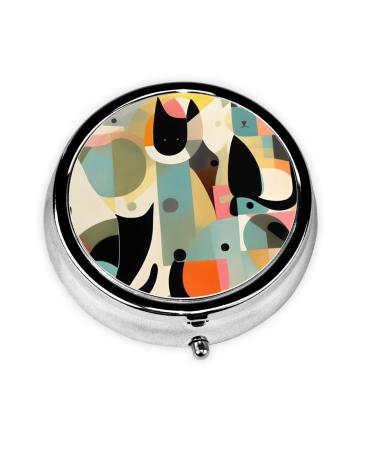 Mid-Century Modern Art Catround Pill Box 3 Compartments Round Pill Box Organizer for Purse Or Pocket Portable Travel Pill Box
