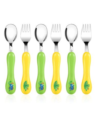 Lehoo Castle Toddler Cutlery 6pcs Stainless Steel Toddler Fork and Spoon Set Children's Kids Cutlery Flatware Incudes 3 x Spoons 3 x Forks (No Knives) Green/Yellow