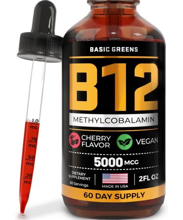 Vitamin B12 Sublingual (Vegan) - Methylcobalamin B12 Vitamins 5000 mcg B12 Liquid Liquid B12 B12 Drops Methyl B12 Liquid B-12 Vitamin Natural Cherry Flavor 2 Fl Oz (Pack of 1)