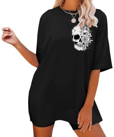 Black Skull Oversized Women's T-Shirt - Loose Fit Short Sleeve Top - Size Large - Buy Online on GoSupps.com