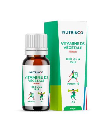 NUTRI & CO Vitamine D3 V g tale issue du Lichen 100% Naturelle - 1000 U.I par Goutte - 2000 UI/j - Flacon 15ml - Sant des Os & Immunit - pour Adultes et Enfants - Vegan Fabriqu en France Lichen 15 ml (Lot de 1)