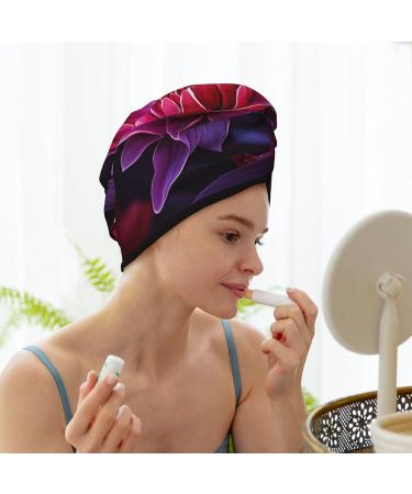 Flower Leaves Purple Red Flower Print Dry Hair Cap for Women Coral Velvet Hair Towel Wrap Absorbent Hair Drying Towel with Button Quick Dry Hair Turban for Travel Shower Gym Salons - Buy Online on GoSupps.com