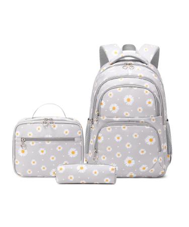 3Pcs Daisy Prints Backpack Sets Kids Bookbag Primary School Daypack Elementary Students Knapsack for Teens Girls Daisy print Grey