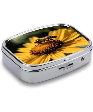 Meta Title: "Yellow Flower & Black Bee Print Pill Box - 2 Compartment Decorative Metal Pill Organizer for Pocket & Purse - International Shipping - Buy Online on GoSupps.com