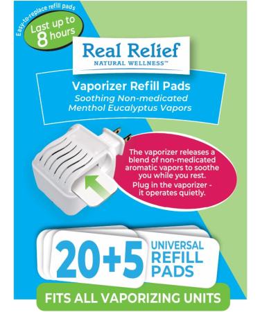 Real Relief Universal Refill Pads for Waterless Plug-in Vaporizer Menthol & Eucalyptus Bonus Pack (20 + 5 Free)