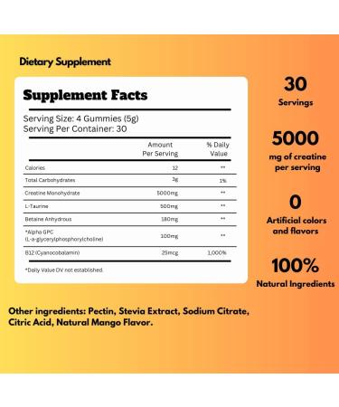 Creatine Monohydrate Gummies 5000mg of Creatine Per Serving with Alpha-GPC & Taurine Mango Flavor Enhance Brain Function Muscle Growth Support Pre Workout Gummies for Men and Women - 120pcs Mango 120 Count (Pack of 1) - Buy Online on GoSupps.com