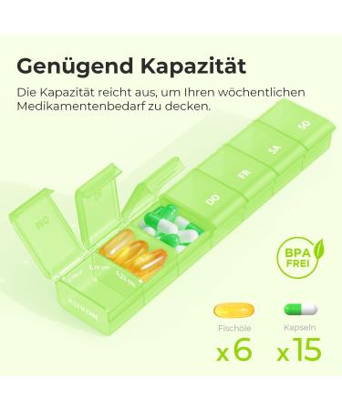 AUVON 7-Day Pill Box | BPA-Free Medication Organizer | Portable Weekly Pill Dispenser for Vitamins & Fish Oil (Green) - Buy Online on GoSupps.com
