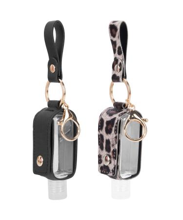 Hand sanitizer holder, Small Empty Travel Size Reusable Flip Cap Bottle for Soap Liquids Shampoo and Lotion- 30ML/1oz Refillable Containers Keychain Holder Bottles (Black & Leopard)