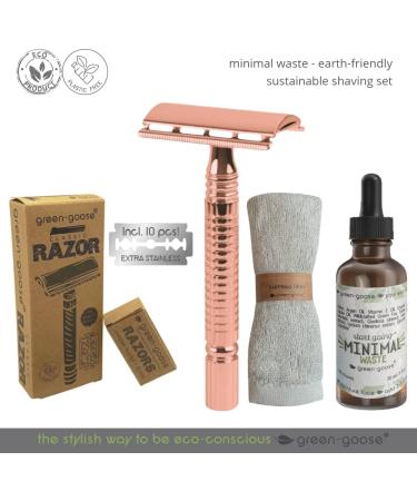Green-Goose Shaving Set | Classic Rose Gold Razor & Organic Shaving Oil | Eco-Friendly Bamboo Cloth & 10 Blades | Perfect Sustainable Gift - Buy Online on GoSupps.com