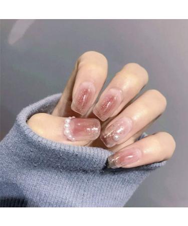 Sethexy shiny short square wrong nails clear pearl gradient sparkle silver 24th complete cover art fake nails tips for women and girls