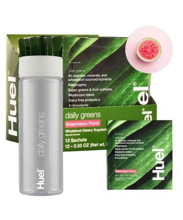 Huel Daily Greens Bundle | Single Serve Watermelon + Bottle | Superfood Greens Powder | 91 Vitamins Minerals and Wholefood-Sourced Ingredients | 12 Servings | Lockable Lid to Avoid Spills | BPA Free