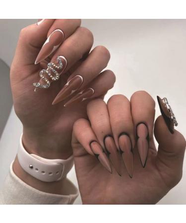JUSTOTRY 24 Pcs 3D Stiletto Fake Nails Long with Snake White and Black French Press on Nails Patterns Almond Stick on Nails for Women Acrylic Extra Long False Nails Long with Glue for Nail Art white&Snake1