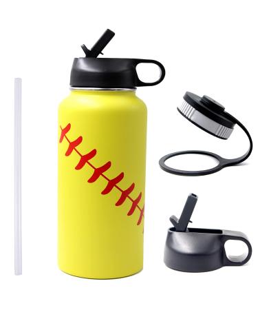 Gloryc 32oz Wide Mouth Tumbler Cup with Two Lids,Softball 18/8 Stainless Steel Vacuum Insulated, Travel Mug for Coach Men Mom Friends( Yellow) Yellow 3 Piece Set