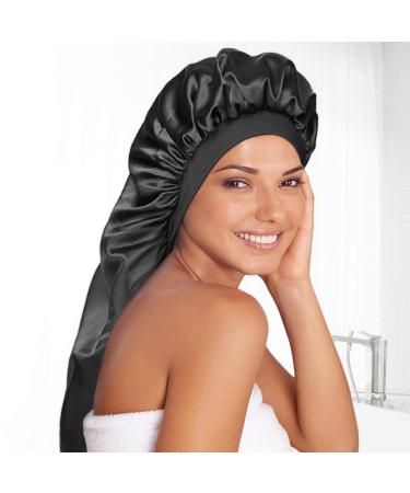 Long Satin Bonnet Sleep Cap Extra Large Silk Sleeping Cap with Wide Elastic Band Loose Night Hat for Women Braids,Curly Hair,Natural Hair,Very Soft & Comfortable (Black)