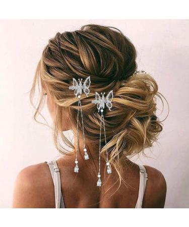 Silver Butterfly Hair Pins - Tassel Hair Barrettes for Bride Wedding - Pack of 2 - Buy Online on GoSupps.com
