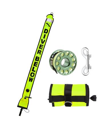 Scuba Surface Marker Buoy (SMB) Set, 5ft Hi-Visibility Reflective Band Open Bottom Safety Sausage with 100ft Alloy Finger Spool Dive Reel and Double-Ended Snap Hook Fits Underwater Fluorescent Yellow