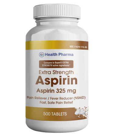 Health Pharma Aspirin Pain Reliever and Fever Reducer , 325 mg Coated Tablets, White, 500 Count