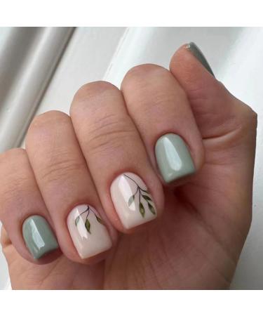 JUSTOTRY 24 Pcs Olive Short False Nails Square with Leaves Pattern Green Press on Nails Short Trendy Fake Nails Medium with Nail Glue Squoval Stick on Nails for Women and Teens Nails Art Leaves & green1