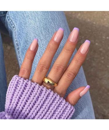 Bufenia press on nails short French tip nails oval fake nail tips glossy false nails full cover acrylic nails for women and girls (purple) violet