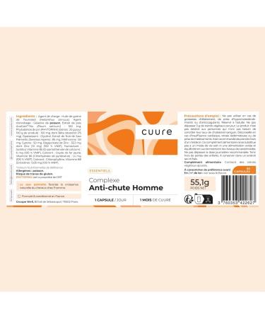 Cuure Anti-Hair Loss Complex for Men - 9 Active Ingredients - Biotin Zinc Saw Palmetto Vitamin B6 & B8 - Dense and Resistant Hair Growth - 30 Days - Made in France - Buy Online on GoSupps.com