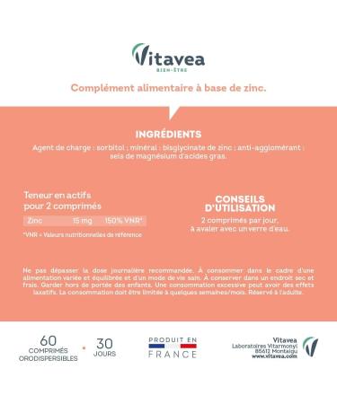 Vitavea - Zinc - Haut dosage 15 mg - Compl ment alimentaire immunit - Syst me immunitaire d fenses naturelles et antioxydant - Zinc biodisponible - 60 comprim s - Cure 1 mois - Fabriqu en France Sans saveur 60 unit (Lot de 1) - Buy Online on GoSupps.com
