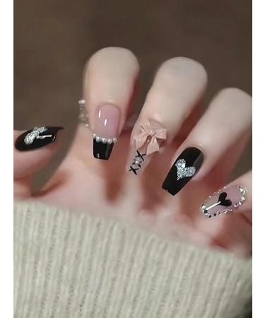 24pcs Bow Black Coffin Fake Nail Bow Heart Press on Nails Bow Heart Long Coffin Nails Luxurious Nails Acrylic Nails Fake Nails For Women Girls