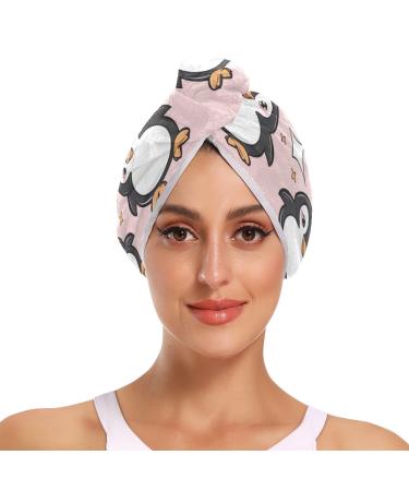 Small Penguins Pink Hair Towel 2 Pack Super Absorbent Hair Drying Towel Quick Dry Hair Turbans Head Towel with Button Twisty Wrap for Women Girls