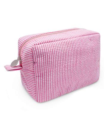 GFU Cosmetic Bags for Women, Seersucker Cosmetic Bag, Travel Toiletry Stripe Makeup Bag, Large Women Aesthetic Organizer Storage Pouch, Girls Handbags Purses (Pink)