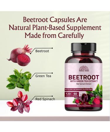 Beetroot Powder Capsules (120 Capsules) -1000 mg | Made with Organic Green Tea & Red Spinach Extract | Beetroot Powder Capsules | GMO Free, Gluten Free, Vegan | 60 Days Supply - Buy Online on GoSupps.com
