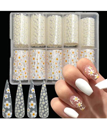Flower Nail Art Foil Transfer Stickers 10 Rolls Small Daisy Nail Art Supplies Foil Transfers Decals Holographic Floral Flower Sunflower Nail Designs Stickers for Woman Girl DIY Manicure Decorations