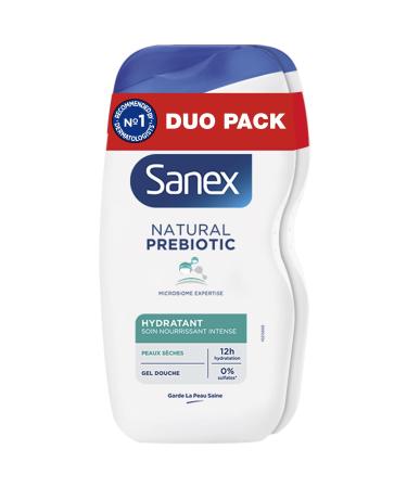 Sanex SANEX - Natural Prebiotic Hydration Shower Gel - Dry Skin - Gently cleanses - Deep Nourishes - Prebiotic & Postbiotic Complex - 12h Hydration - Sulphate Free* - 425mL x2