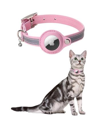 Kocnydey leather reflective Airtag cat collar anti-wing cat collar with adjustable bracket & bell integrates Apple Air day cat necking band for cats small dogs (pink) m (28-37cm) pink