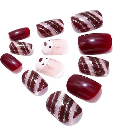 Brishow Christmas Snow Elk Press on Nails - Red Short Square Fake Nails for Women and Girls (24pcs) - Buy Online on GoSupps.com
