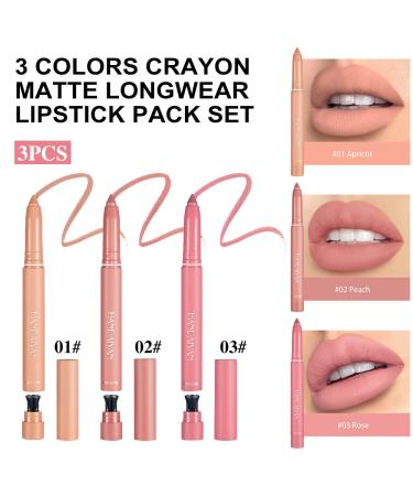 Waterproof Crayon Matte Nude Lipstick Lipliner Pack Set - 3 Colors | Longwear Moisture Smooth Matte Lipliner Pencil Collection with Built-in Sharpener - Buy Online on GoSupps.com