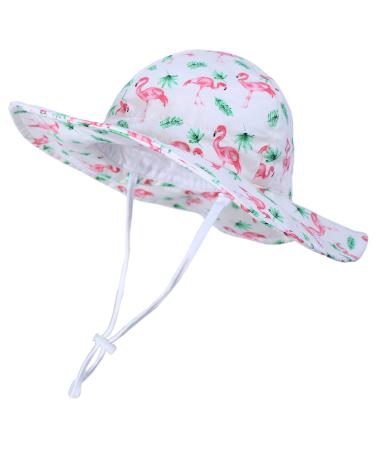 LANGZHEN Beach Sun Protection Hat for Baby Girls Adjustable Toddler Kids Hat Wide Brim Summer Play Hat with Chin Strap flamingo- buff 6-12 Months