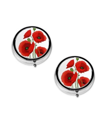 (Poppy Flowers) Round Pill Box 3 Compartment Pill Box Mini Decorative Pocket Purse Portable Travel Medicine Tablet Vitamin Holder Organizer Pill Case