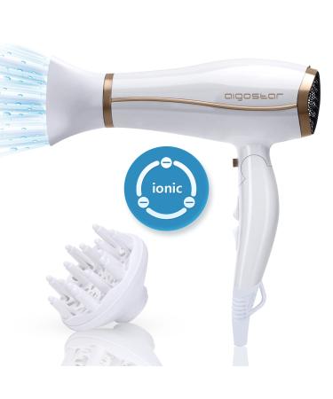 Aigostar Professional Ionic Hairdryer 2200W Fast Dry Hair Dryer with Concentrator and Diffuser Foldable Design 2 Speed & 3 Heat Settings Cool Button White- Luna 32QUO