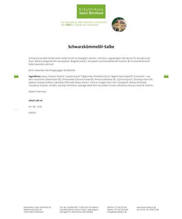 Sanct Bernhard Black Cumin Oil Ointment with Jojoba Marigold Avocado & Grain Germ Oils - 100ml | Premium Natural Skin Care Product - Buy Online on GoSupps.com